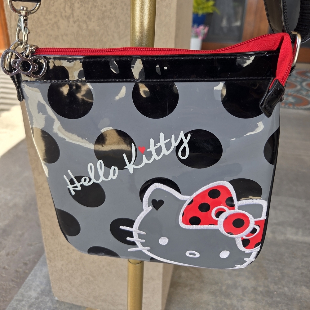Hello Kitty Black and Gray Vinyl Polka Dot Bag Adjustable Strap